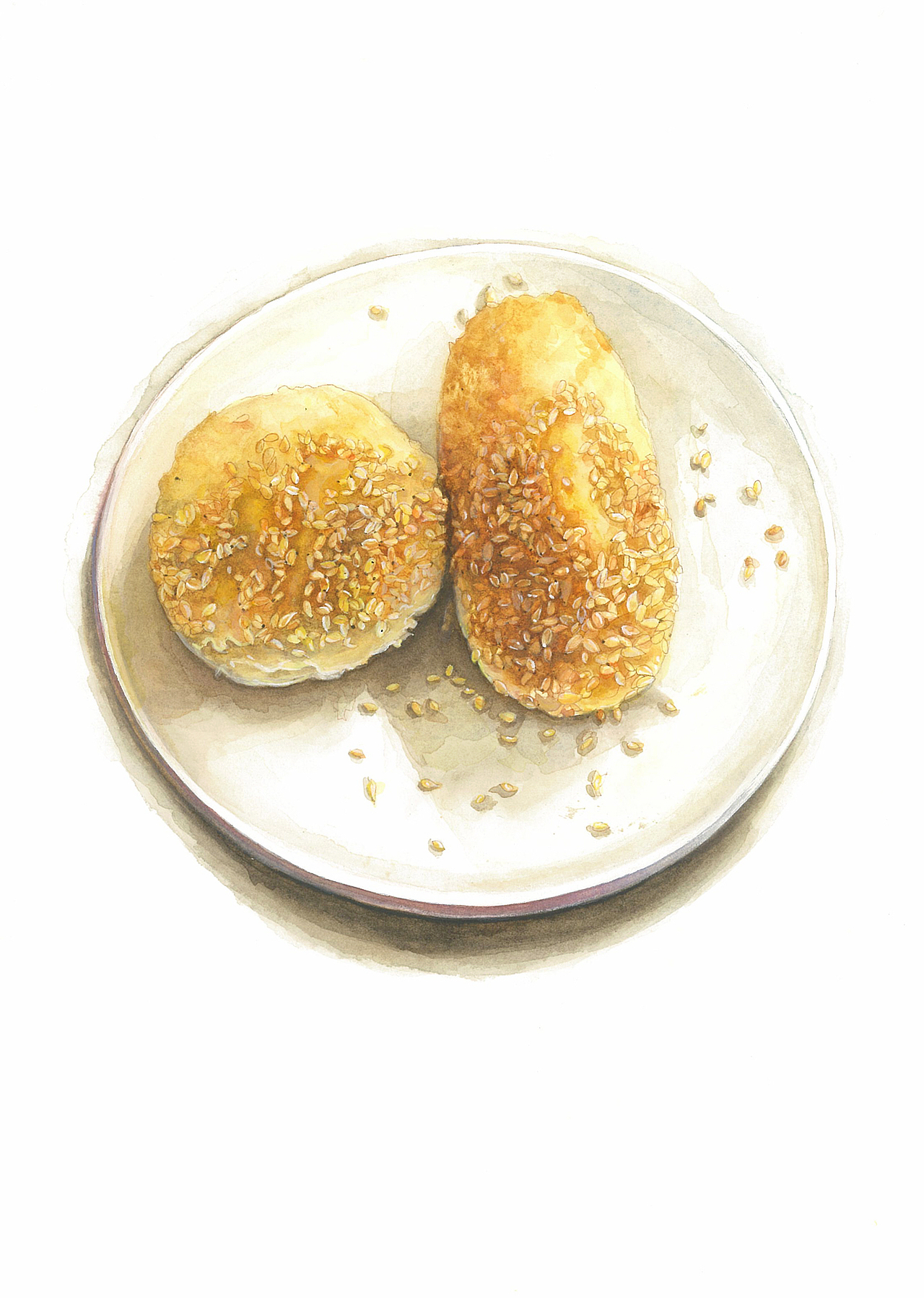  水彩金陵美食> 鸭油酥烧饼