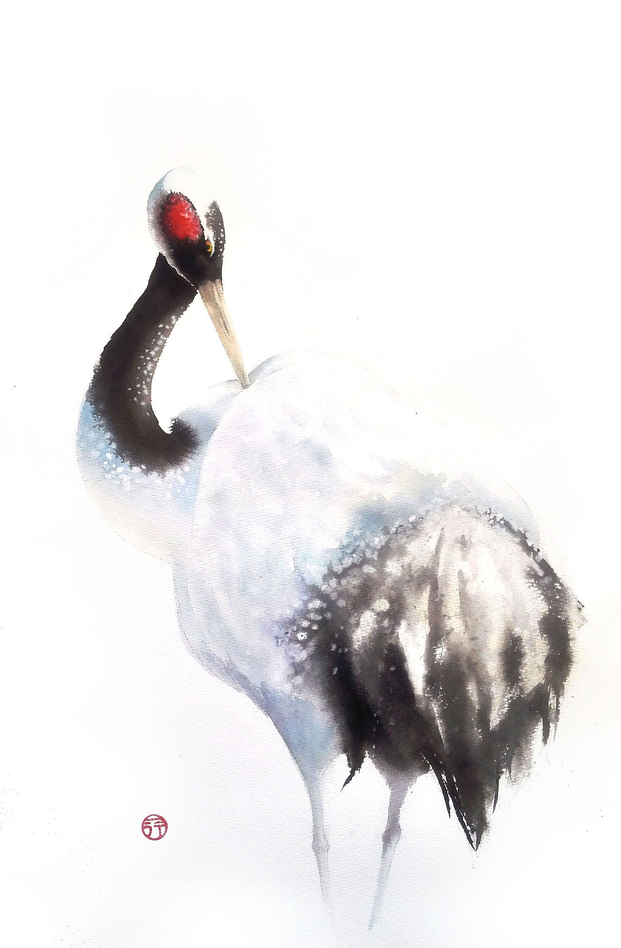 【一行写意水彩画】黑颈鹤——云在青天水在瓶|纯艺术|绘画|一行exe