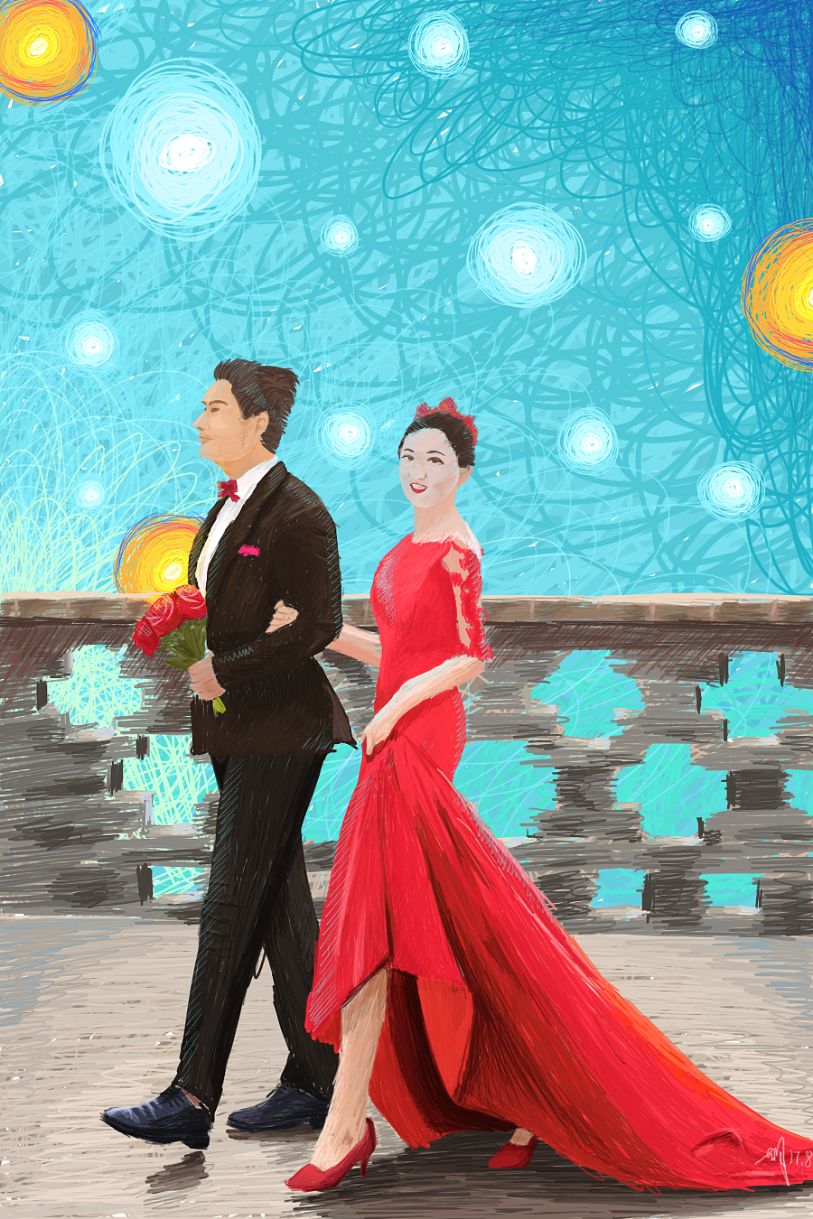 线圈画唯美浪漫婚礼插画