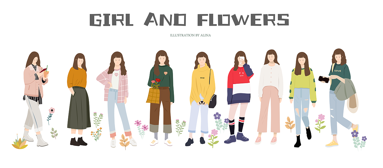 扁平人物动态小清新插画（图ZMTUxOTEyMTQ0） - 商业插画 - 站酷设计师Alina白白原创素材 - 站酷ZCOOL