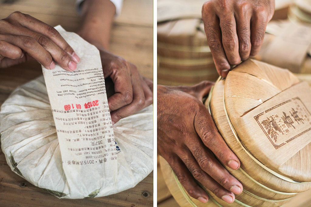 制作工序——包装 br>用透气的绵纸将茶饼进行最后的包装,最后用干燥