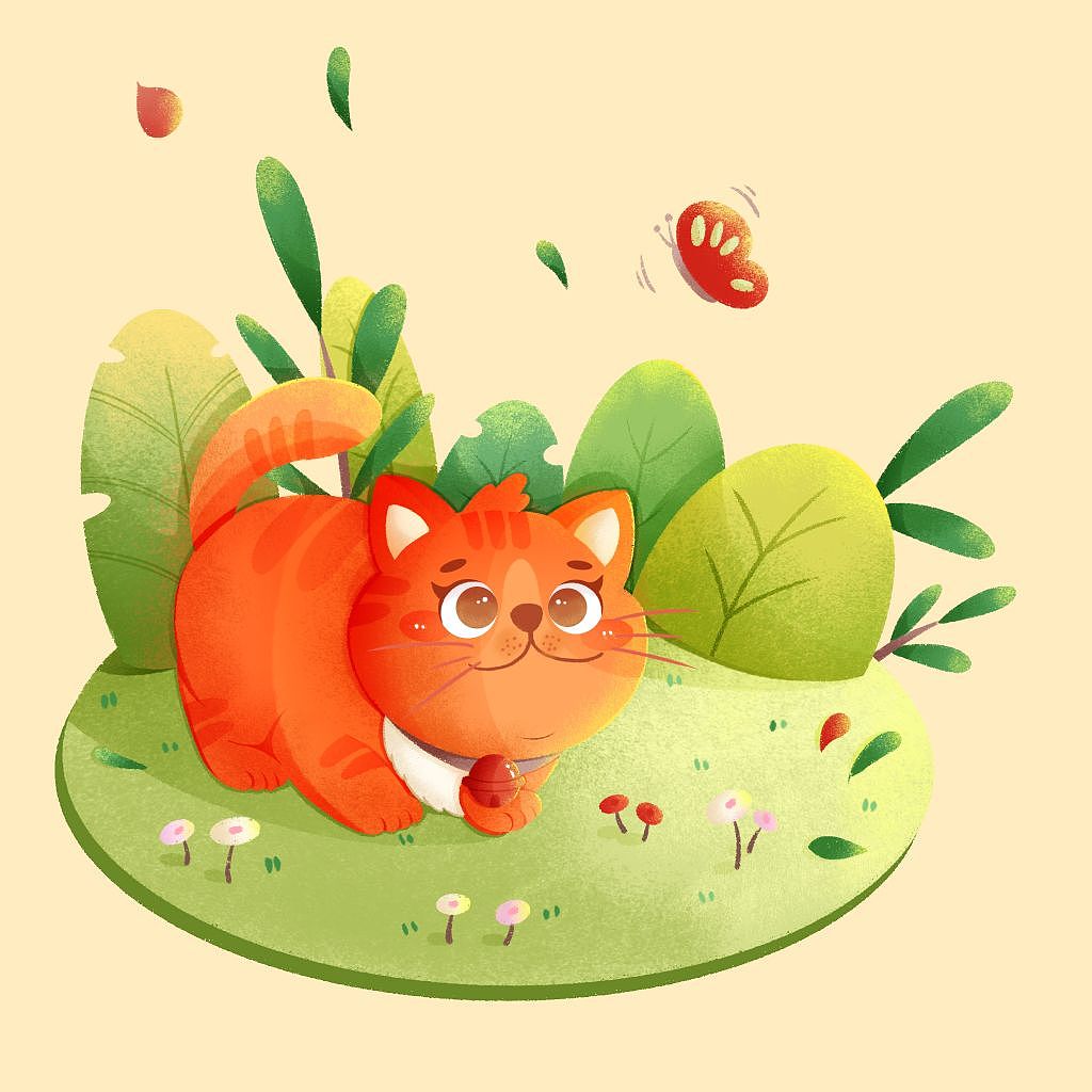 猫咪植物小场景扁平肌理插画