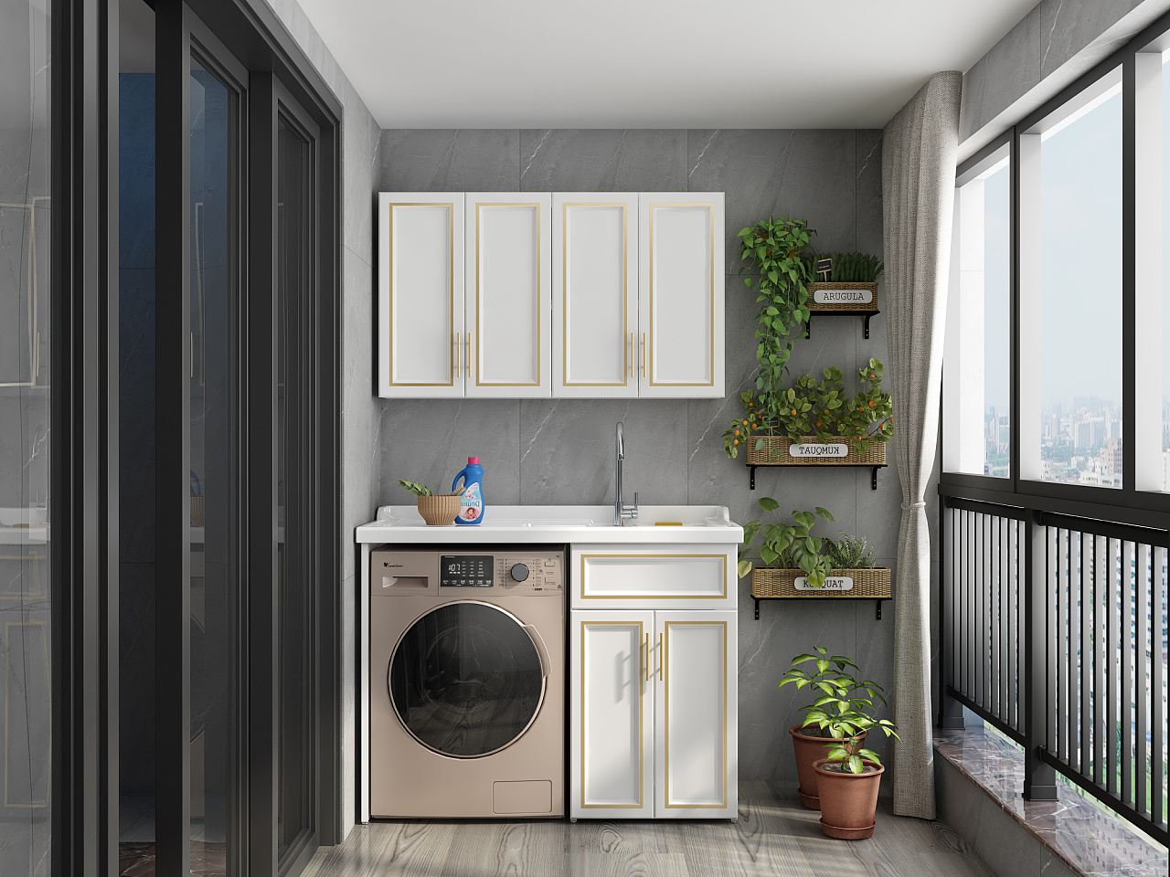 欧式风格阳台洗衣机柜装潢设计效果图_装信通网效果图
