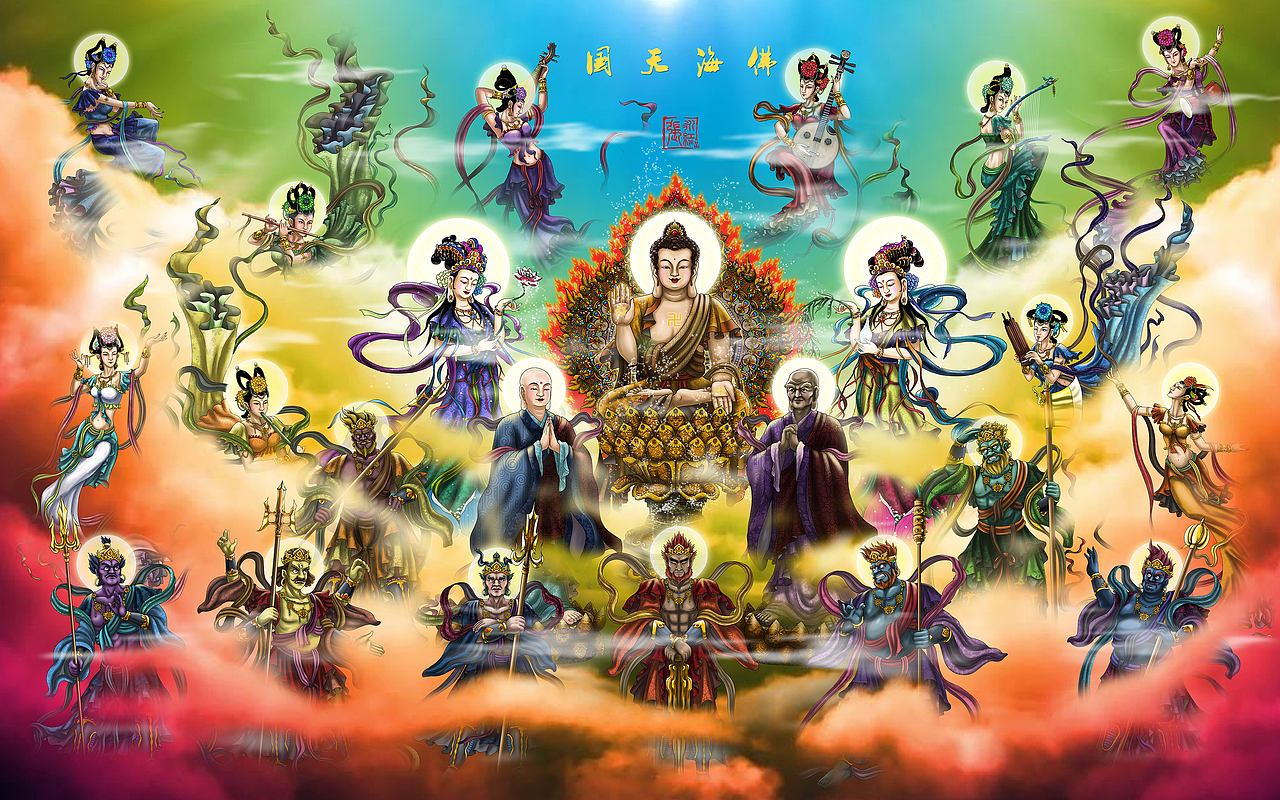  br>佛海天国 br>中间是释迦牟尼佛,旁边是大势至菩萨,观世音菩萨