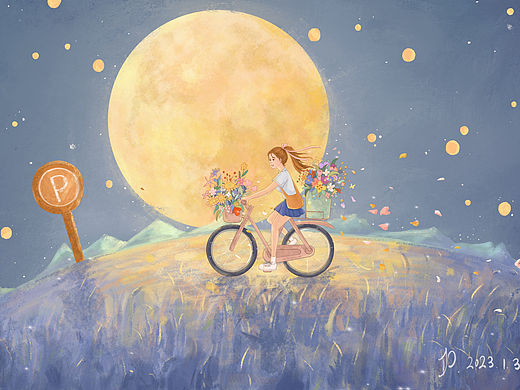 在月光下送花的少女