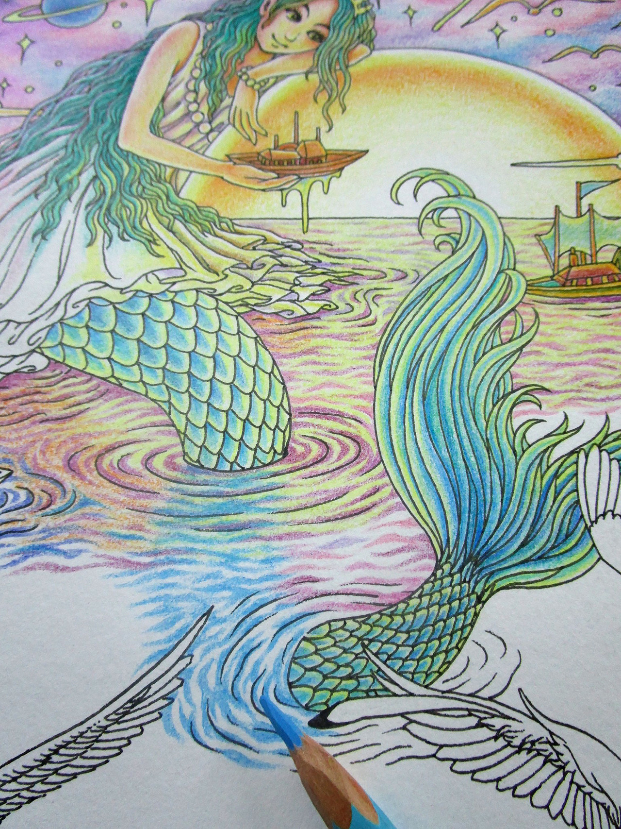 美人鱼彩铅手绘过程详解