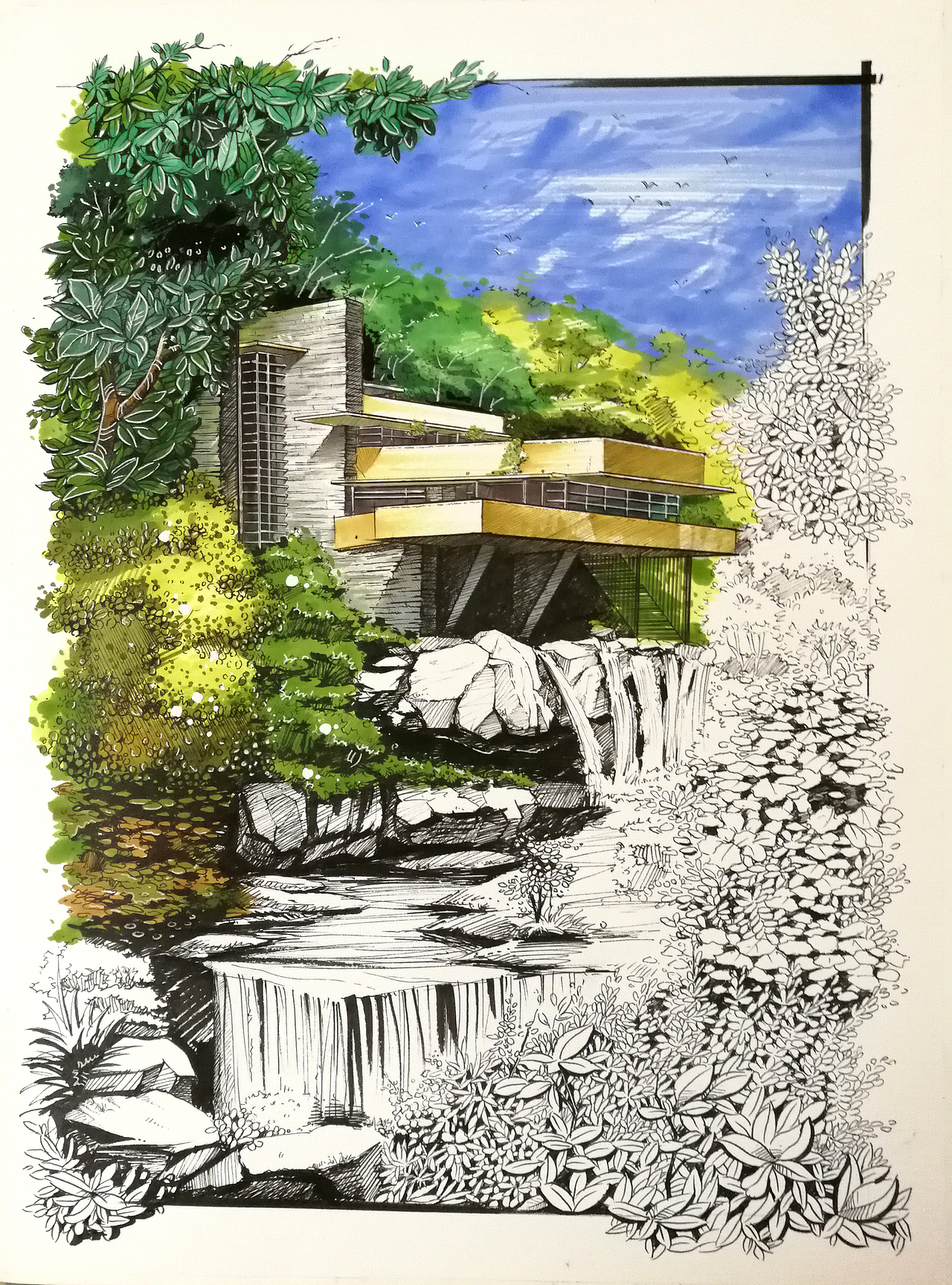 马克笔手绘作品：《赖特--流水别墅》（图ZMTIyOTU0NTk2） - 建筑设计 - 站酷设计师秋刀鱼ART原创素材 - 站酷ZCOOL