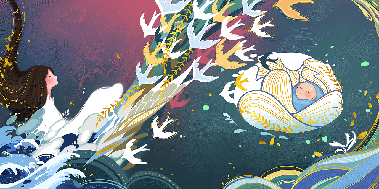 柏抱槐民間傳說-《槐娘與柏郎》系列插畫（圖ZMjY1NTcxNzA0） - 繪本 - 站酷設(shè)計師爽籽VIVI原創(chuàng)素材 - 站酷ZCOOL