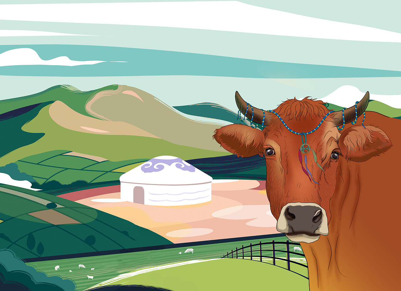 蒙古草原牛,羊,鸡插画绘制