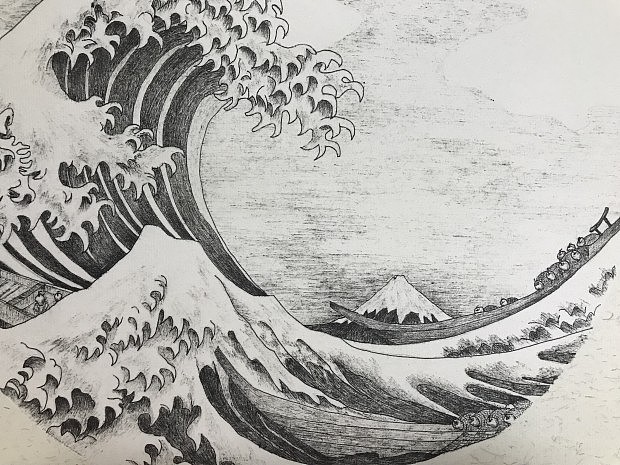 山水画钢笔签字笔绘画作品