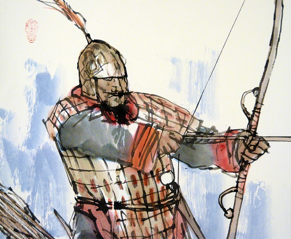 国画作品《射箭将军》