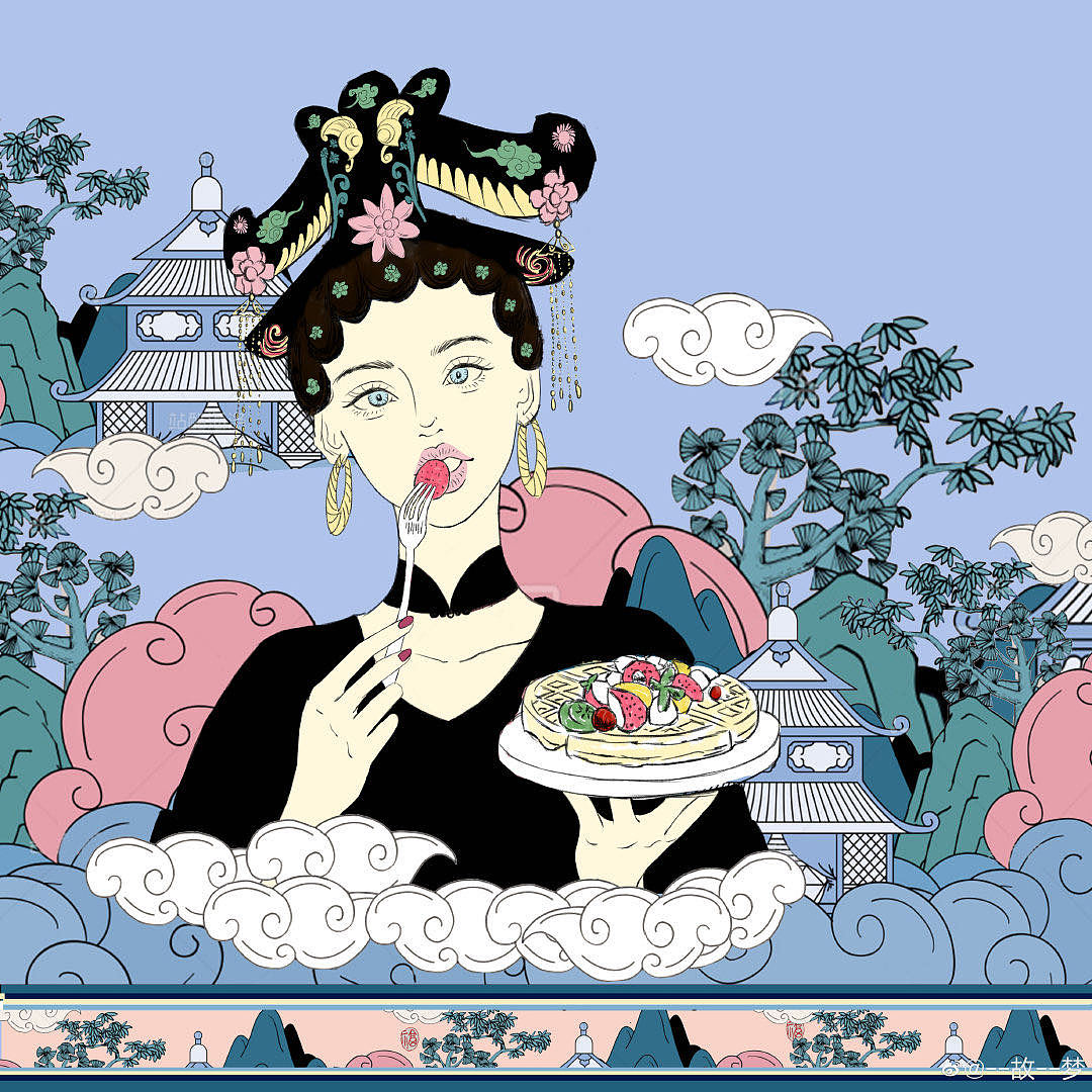 古风戏曲旗袍插画，吃货国潮女孩（图ZMzMxNTQ3MDA4） - 创作习作 - 站酷设计师小小XIAO122原创素材 - 站酷ZCOOL