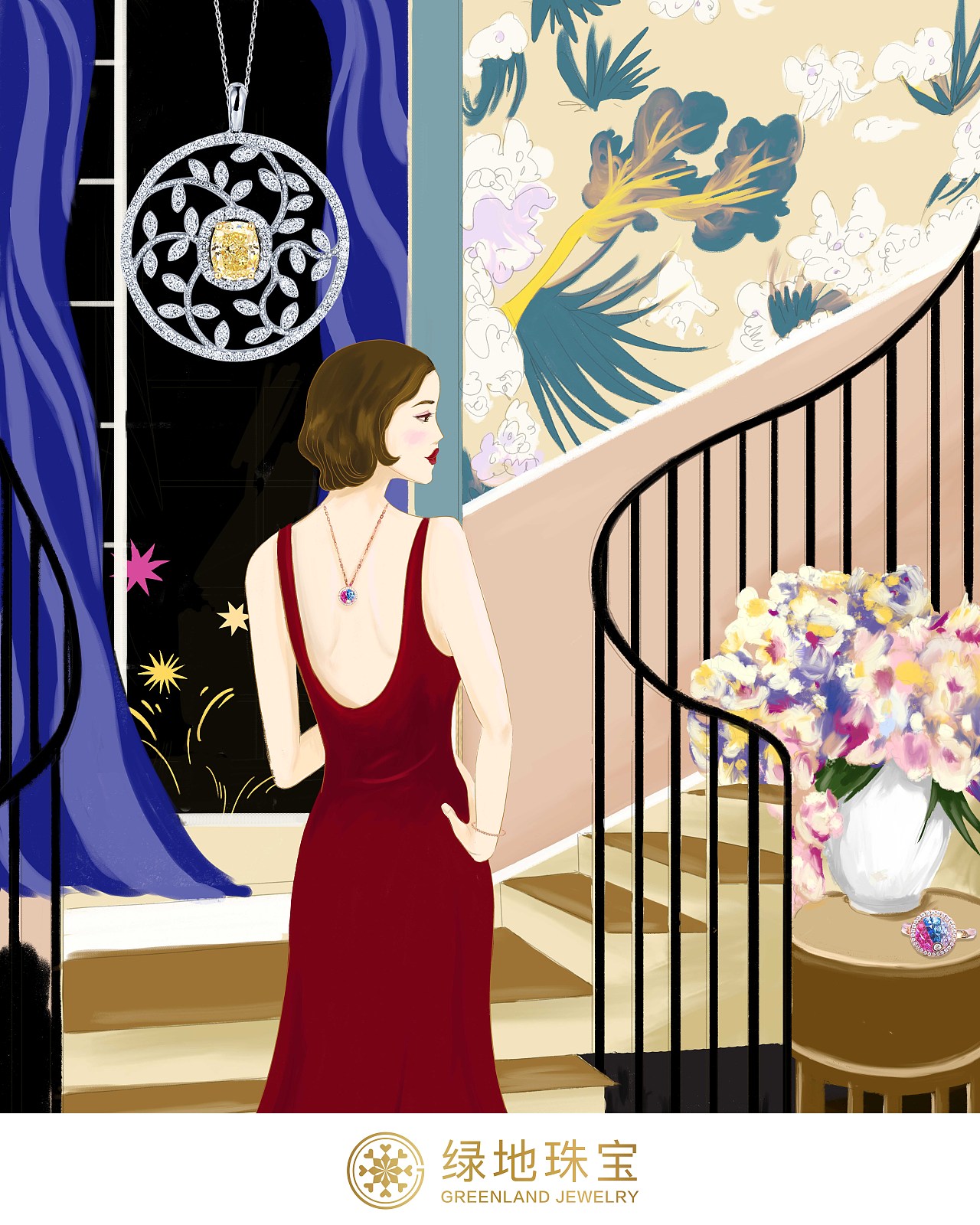 绿地珠宝灯箱插画