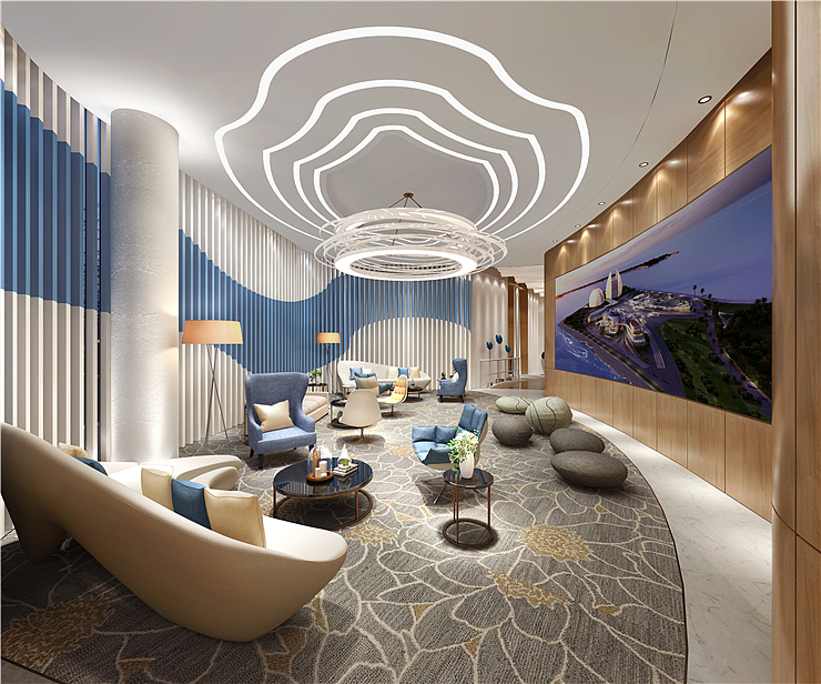 ▲ VIP&影音区
条带状的天花造型似流水<br>藏于其中的灯带亮起,波光粼粼,<br>墙面用米色硅藻泥打造银沙般的视觉与触觉