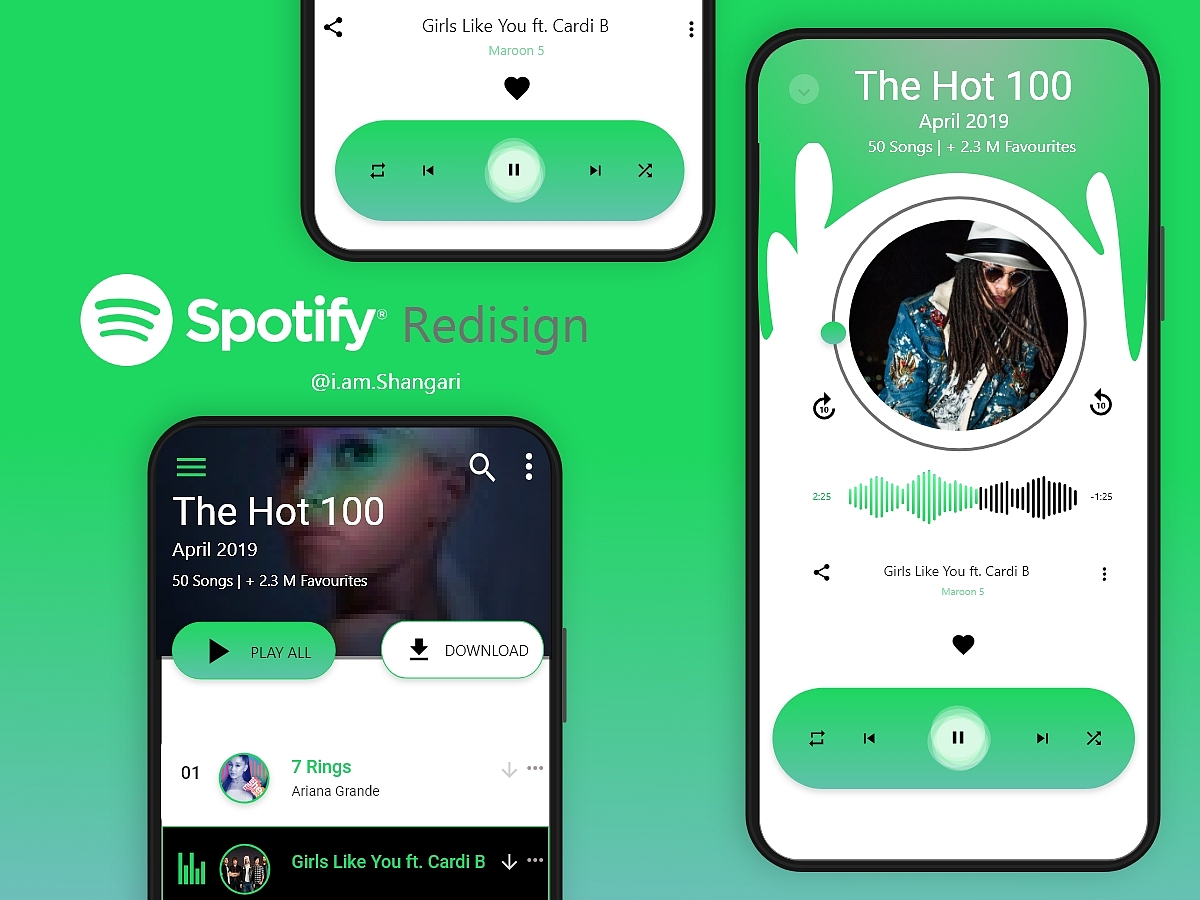 绿色扁平风音乐APP Spotify Redsign（图ZMTYzMTc5ODQ0） - APP界面 - 站酷设计师酷酷的MenGqIanRu原创素材 - 站酷ZCOOL