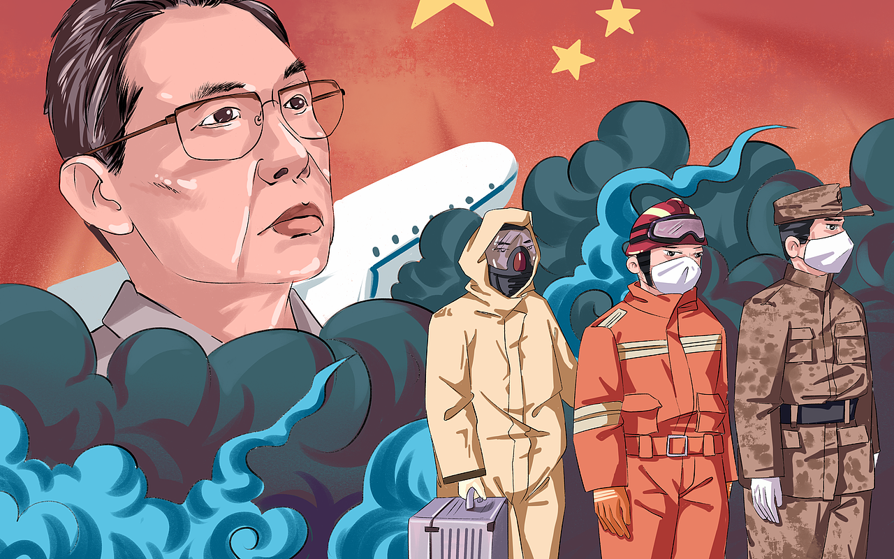 119全国消防宣传日卡通手绘抗疫五四精神传承有我插画