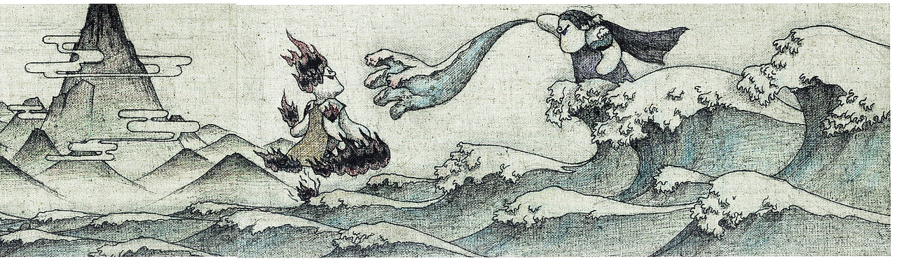 共工(水神)与祝融(火神),在不周山大战,旁边的是不周山