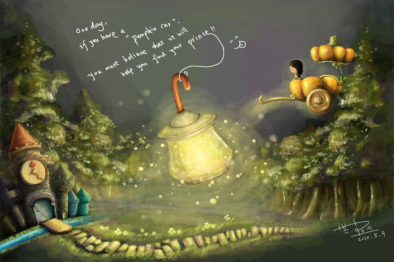 以童话故事为背景创作的一张插画,以南瓜车为载体,引路灯为引导,带领