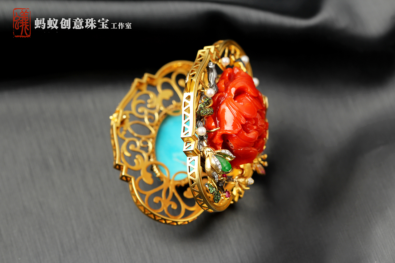 【蚂蚁创意珠宝工作室】 国风珊瑚牡丹香盒挂件