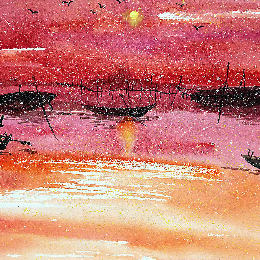 红日原创水彩画