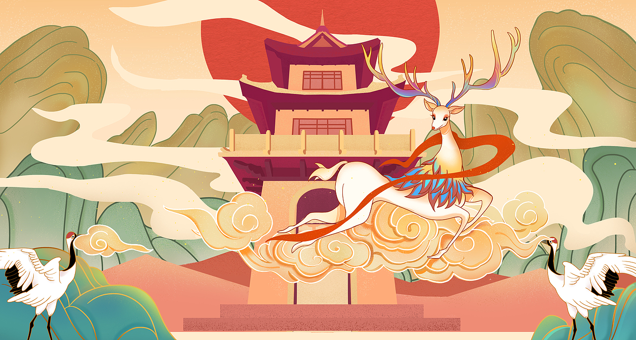 神鹿与云国潮古风插画图