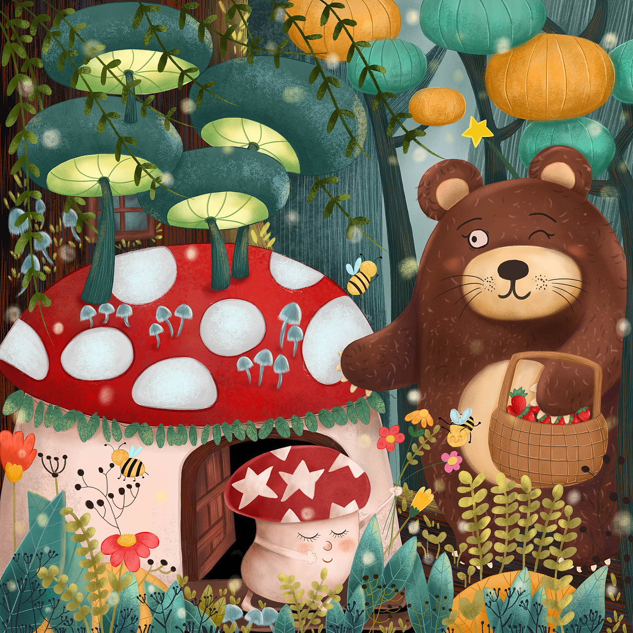 小熊和蘑菇仔（图ZMjYxMDgzNzI4） - 儿童插画 - 站酷设计师Lilly举了个栗子原创素材 - 站酷ZCOOL