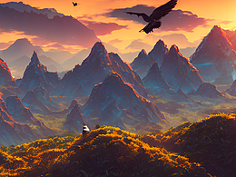 #站酷梦笔#日出，山峦，飞鸟，赛博朋克