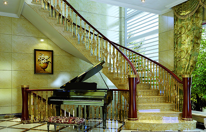 电镀黑金铝板雕花楼梯护栏K金立体镶花的护栏款式