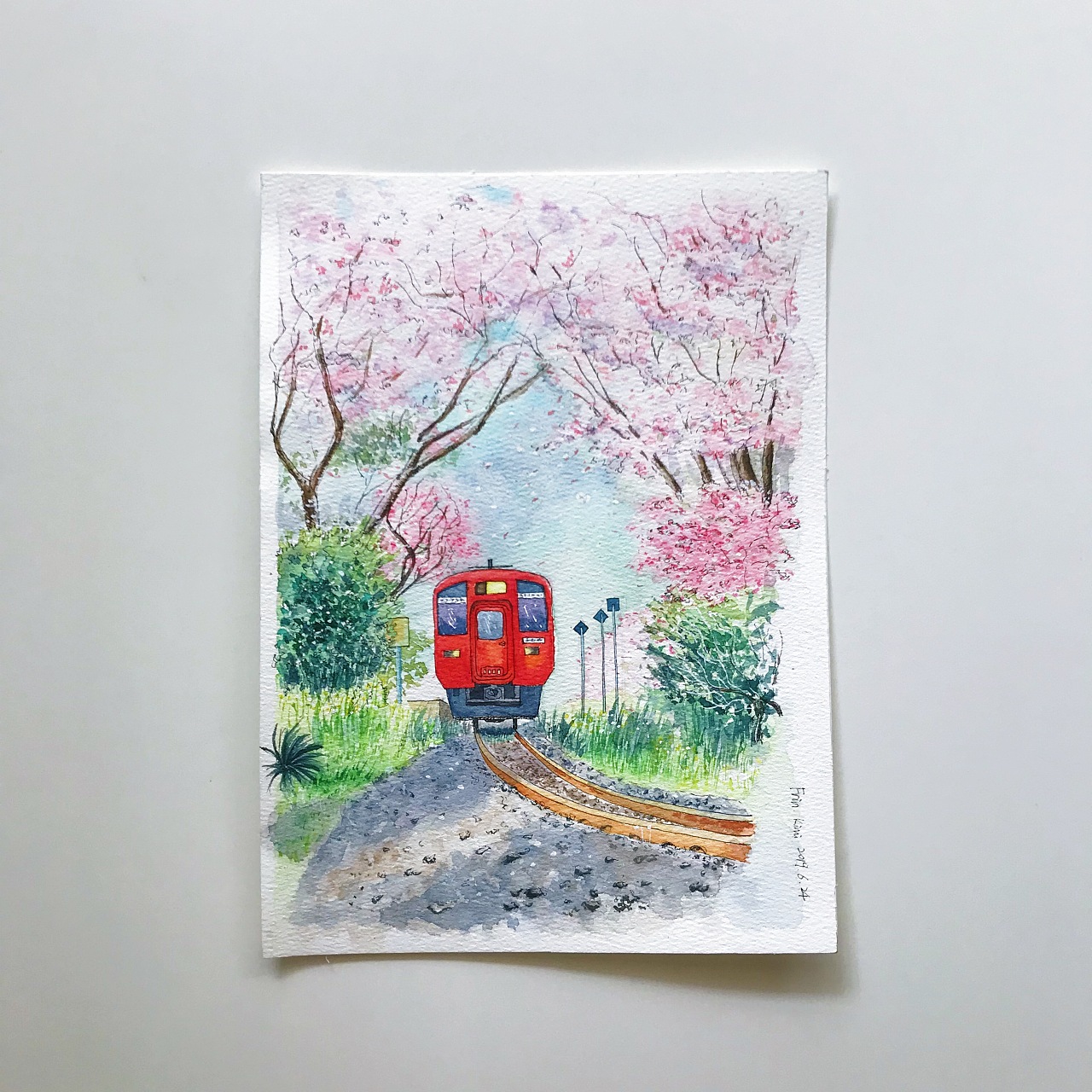 樱花火车手绘水彩练习