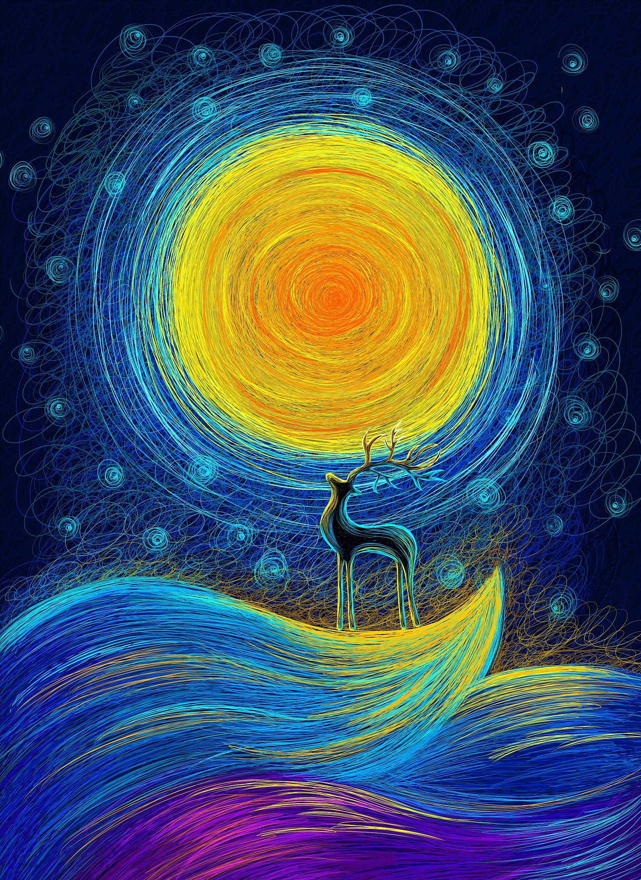 线圈插画《月亮与鹿》|插画|商业插画|端乐chen - 原创作品 - 站酷