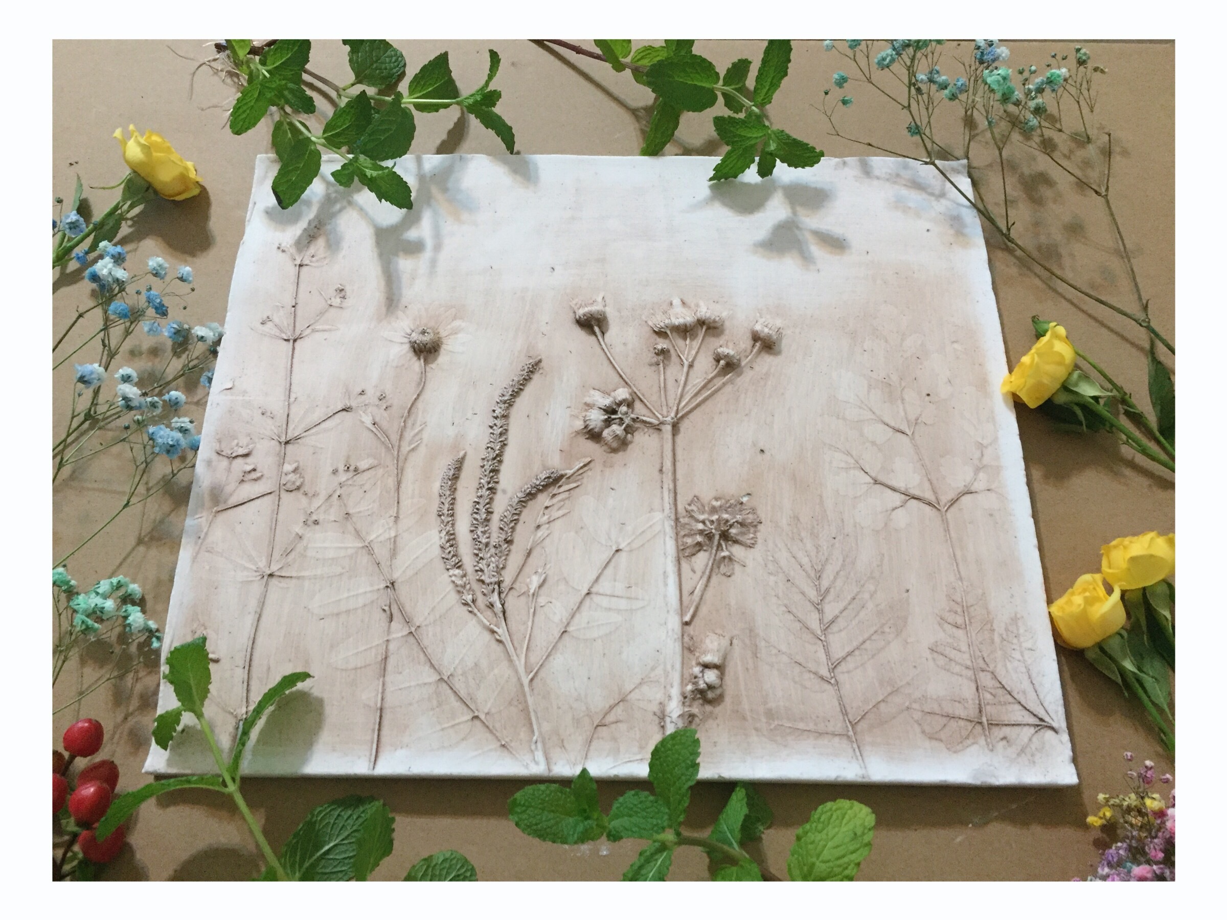 植物拓印石膏板画1号