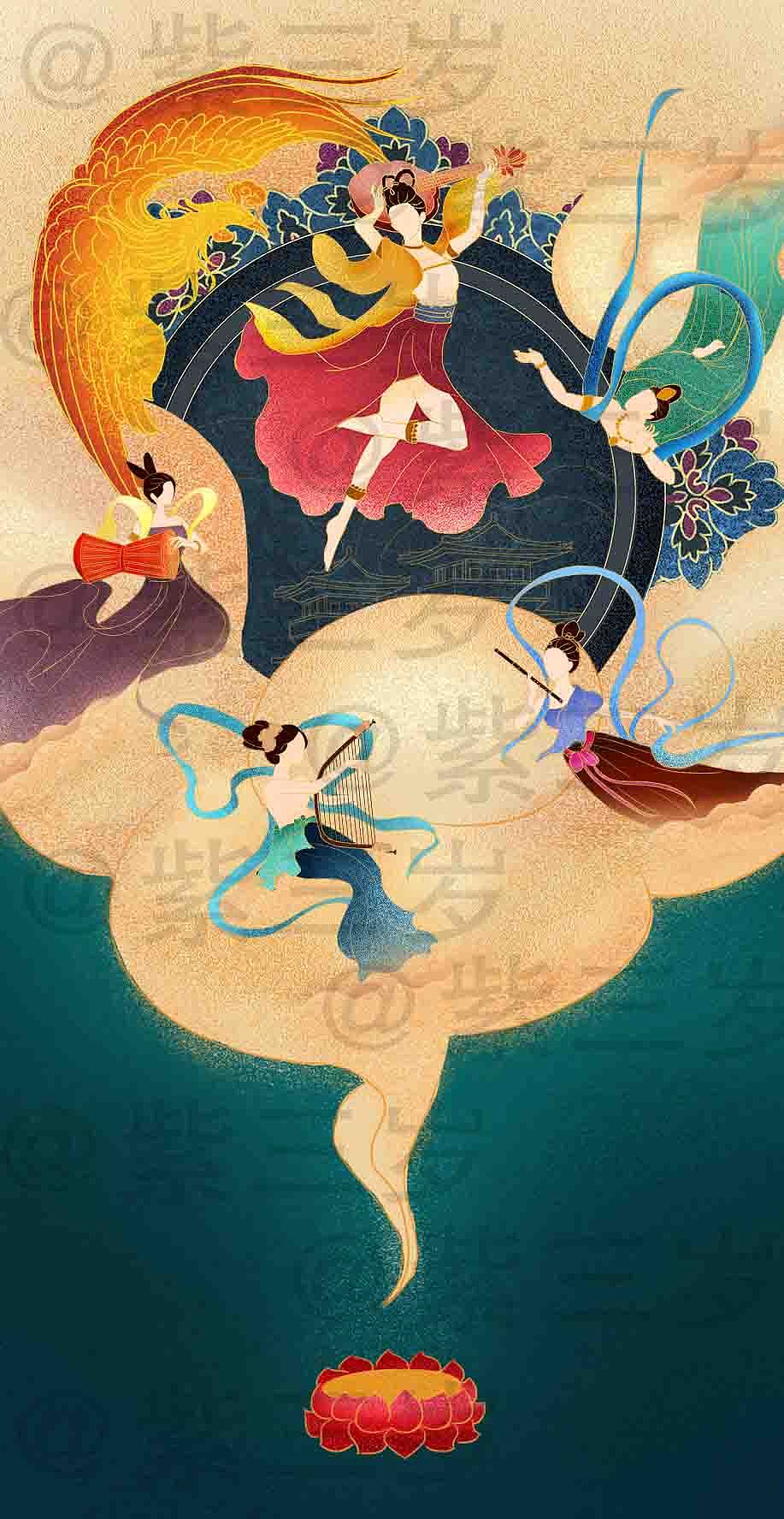 唐莫高窟《反弹琵琶图》（图ZMTk4MDg5NjQ4） - 商业插画 - 站酷设计师紫三岁_原创素材 - 站酷ZCOOL