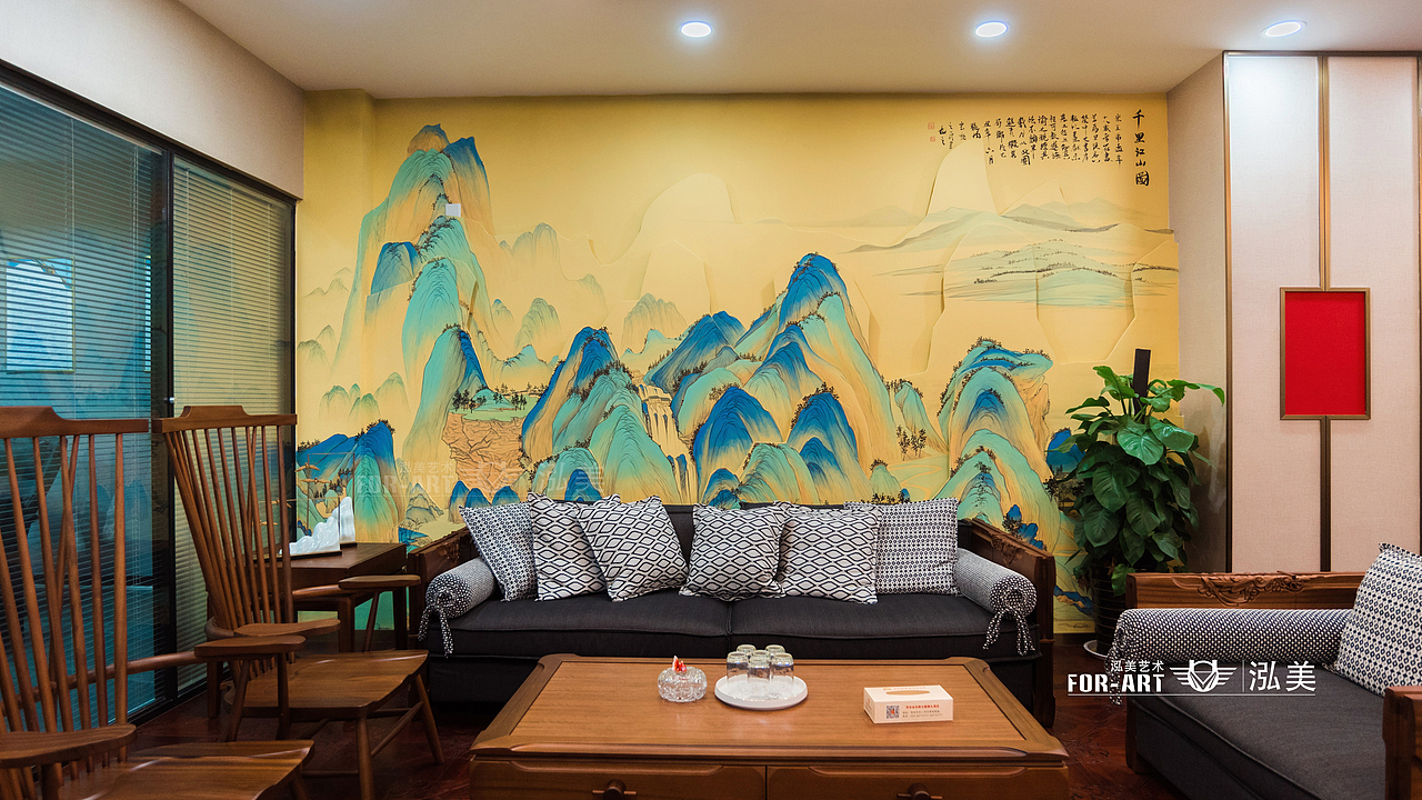 商业国画青绿山水墙绘壁画（图ZMjg5Njg1MjM2） - 绘画 - 站酷设计师泓美墙绘HMBEE原创素材 - 站酷ZCOOL