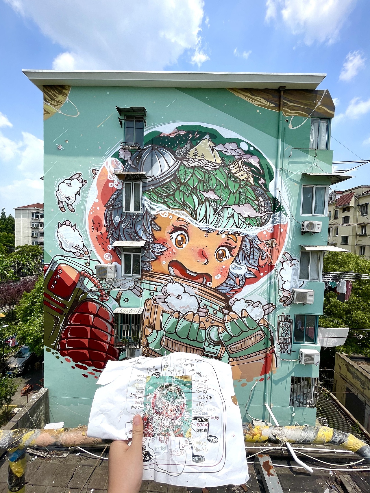 大墙涂鸦《小小宇航员》|纯艺术|绘画|ting_米小央_原创作品-站酷