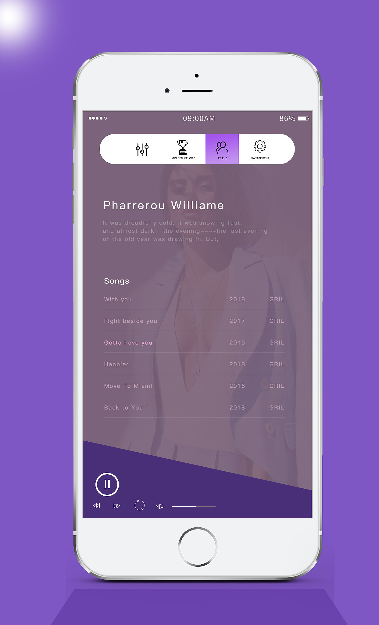 APP手机歌曲介绍界面,歌曲列表页,歌曲播放界面设计