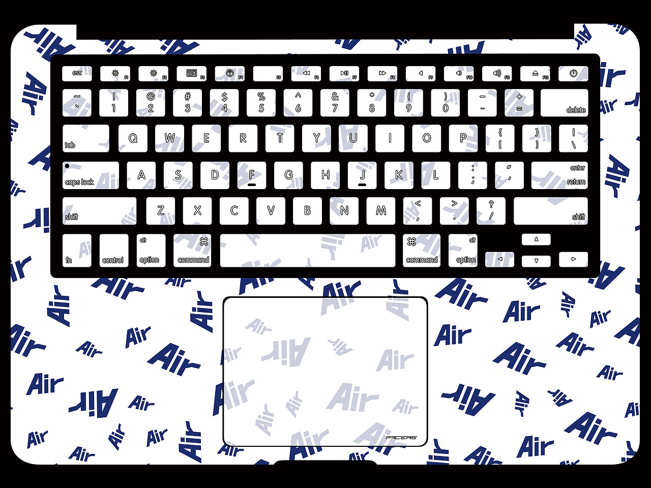 键盘部分,用的是和机身背面相同的图案,但是为了在使用键盘时能识别到键盘中的字,我把键盘和触摸板上的图案颜色减淡了,这样使人们使用的时候更容易识别键盘的字,也让画面没那么呆板。