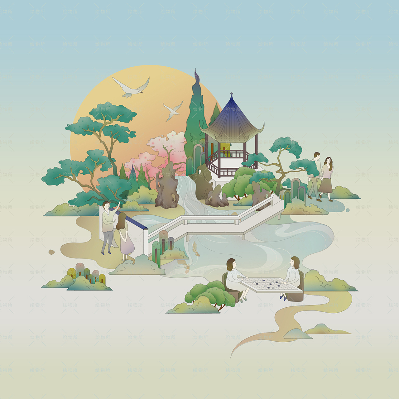 杭州绿城云栖桃花源清新国风地图（图ZMTY3NDgxNDY0） - 商业插画 - 站酷设计师moocheano原创素材 - 站酷ZCOOL