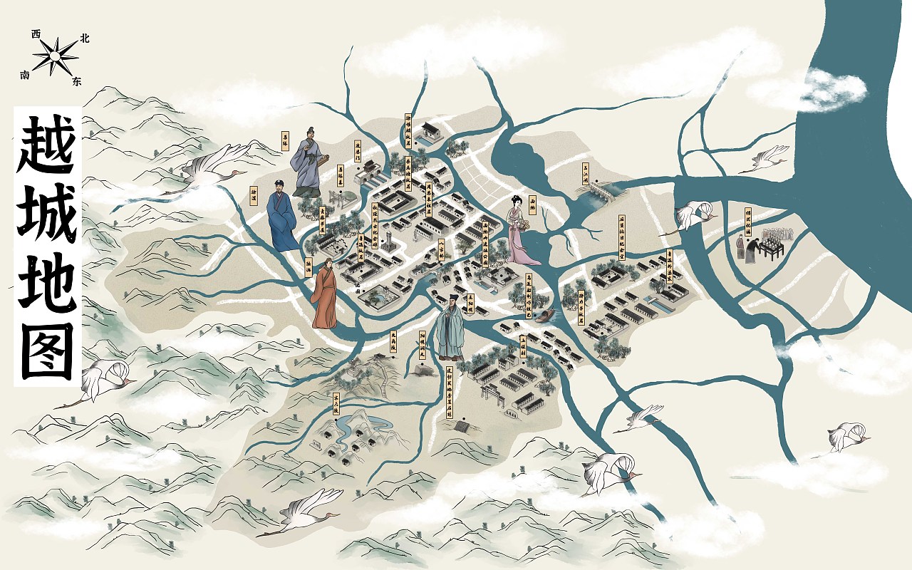 江南绍兴越城文化手绘地图