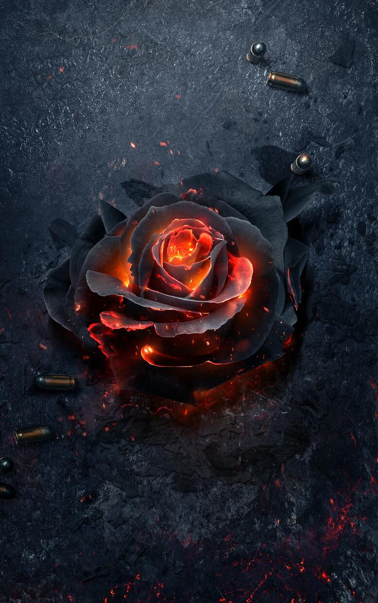 制作这张海报 其实思路清晰点 很好实现 找一朵黑色的玫瑰 找一些火星