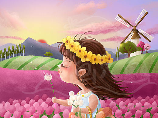 吹蒲公英的小姑娘