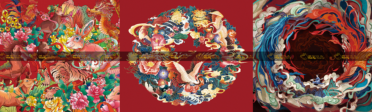 红色国潮风系列插画