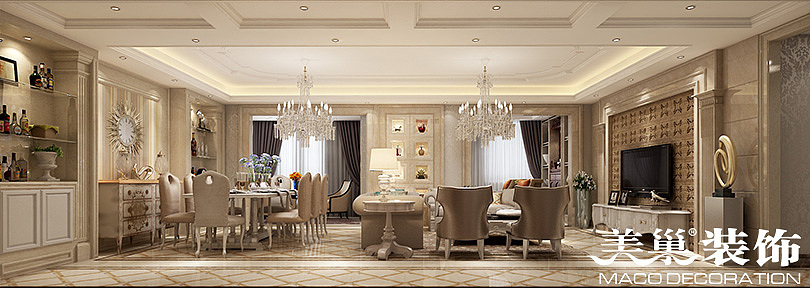 新乡155平简欧风格,不一样的品味造就不一样的装饰风格————客餐厅全景布局