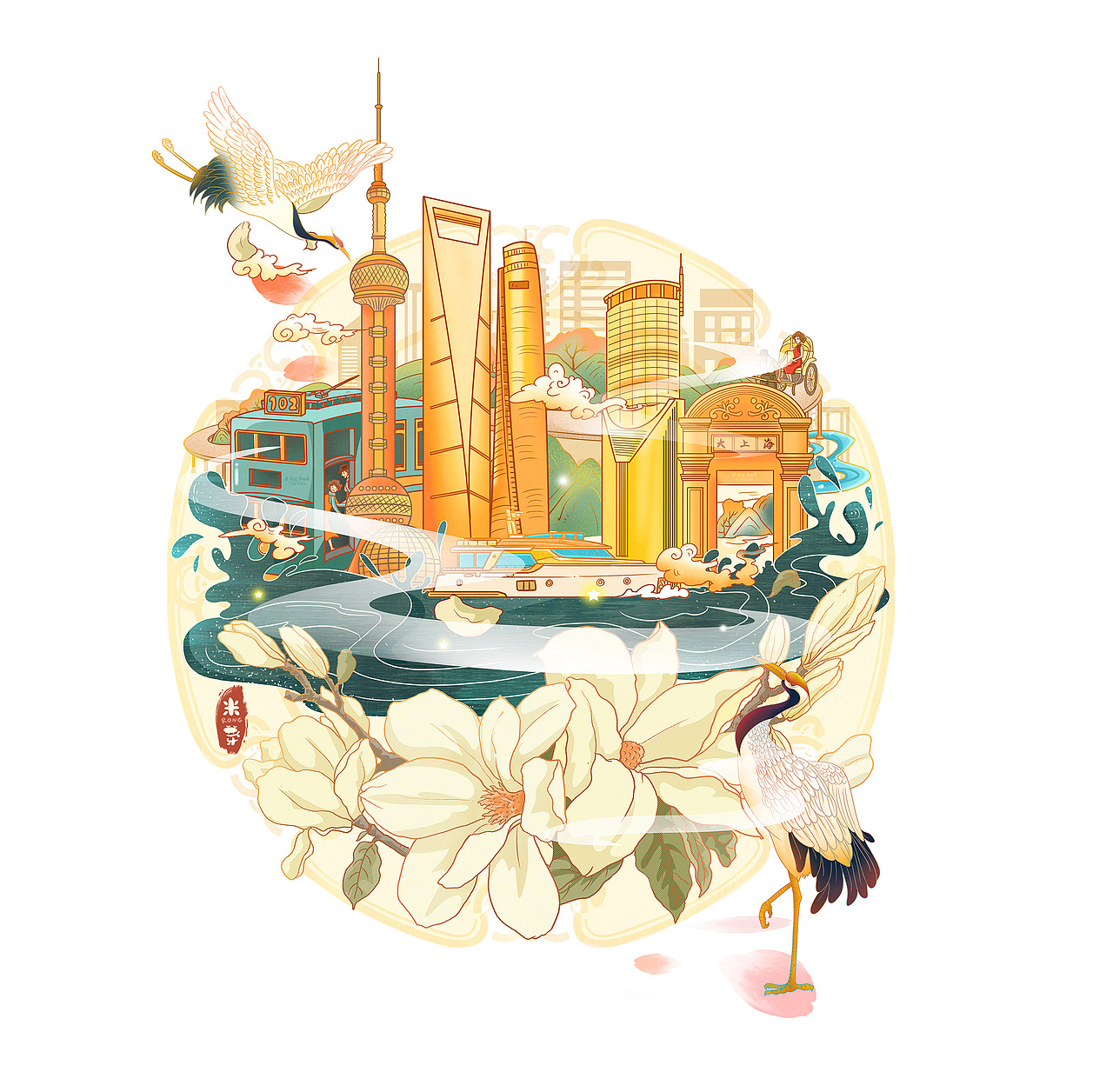 国风城市画报系列——上海之韵no.2_米芽rong插画-站酷zcool