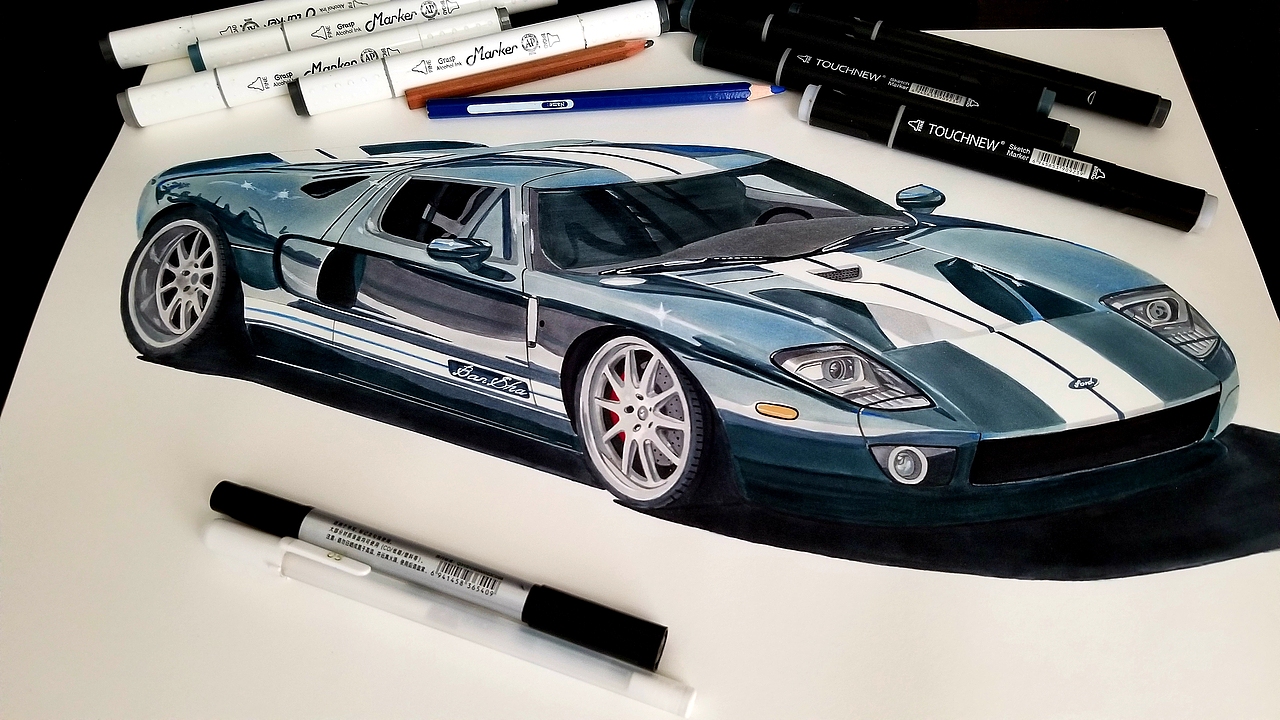 马克笔彩铅手绘汽车手绘福特gt