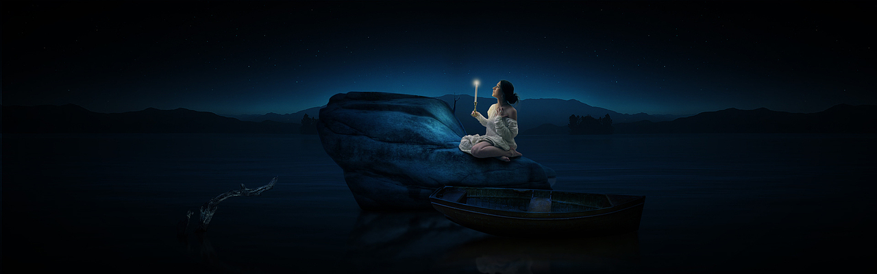 海礁上的执烛少女 海报调色设计 移花接木 夜色 烛光 夜空