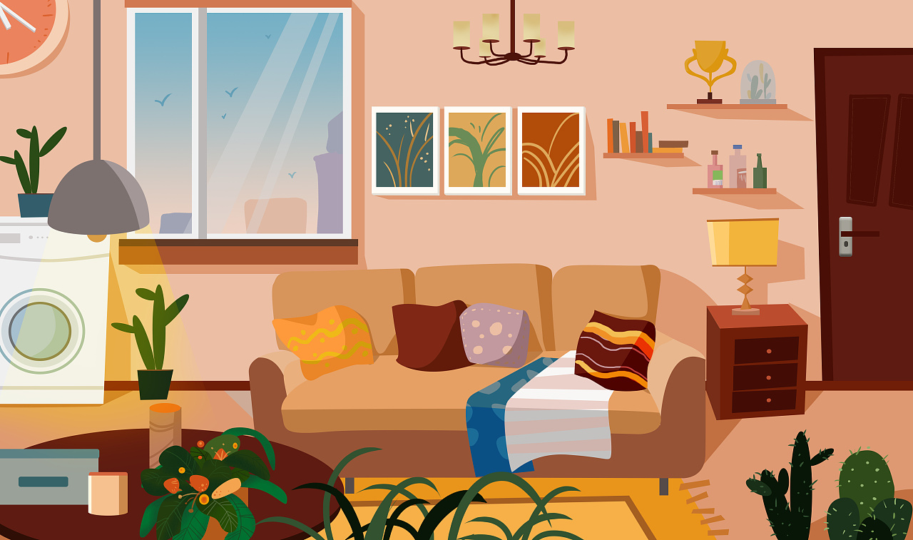 矢量卡通插画——客厅&浴室(欧美风)