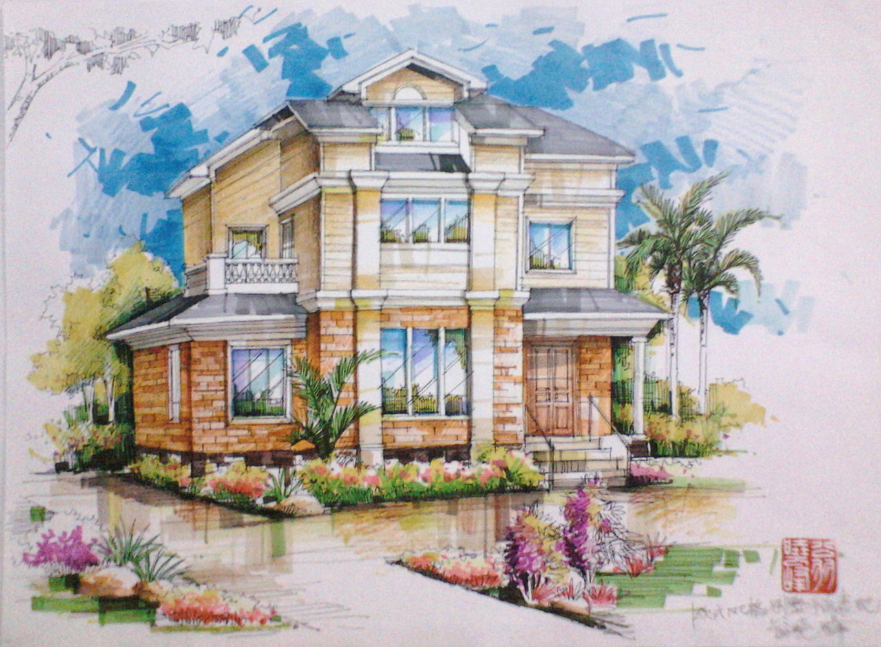 欧式别墅外观手绘效果图63原创作品空间建筑设计翁小峰翁小峰快题3翁