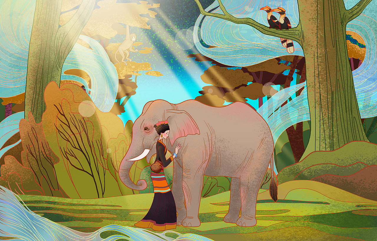 采茶的布朗族少女与象（图ZMTg2NDgwMDY0） - 商业插画 - 站酷设计师插画马齿原创素材 - 站酷ZCOOL