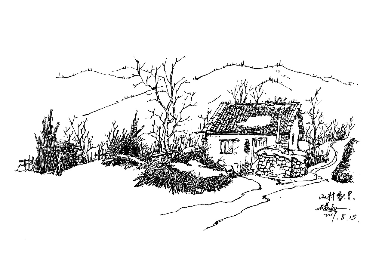 钢笔风景速写——远方的家|纯艺术|绘画|延杨红钢笔画_原创作品-站酷