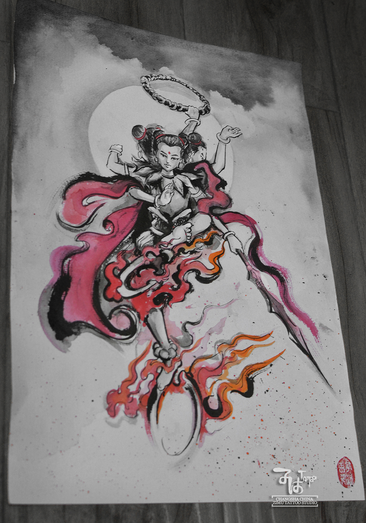 长沙子沐刺青纹身三头六臂原创毛笔哪吒水墨中国风手稿